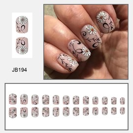 Short Press on Nails Cute Daisy Flowers False Nails Spring Artificial Glossy Fake Nails for Women Square Glue on Nails Acrylic Nail Black Branches Stick on Nails Decoration for Women Girls 24 Pcs