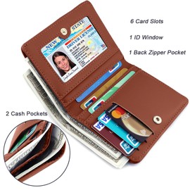 Favydov Compact Mini Purse with Zipper Pocket PU Leather Bifold Small Slim Wallet for Women Brown