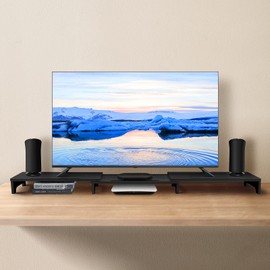 Monitor Stand Riser Large Nnewvante Bamboo Dual Monitor Stand for Desk with Adjustable Length Angle 3 Shelves Desktop Screen Riser for Computer Laptop PC, Black