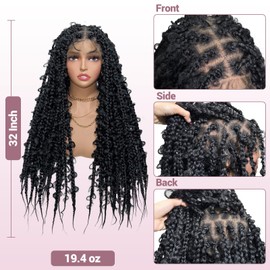 Janyuwool 32" Full Lace Knotless Butterfly Box Braided Wigs Full Double Lace Braid Wig with Baby Hair Lace Front Braided Wigs for Black Women Human Hair Blended Lace Frontal Braids Wig (Black)