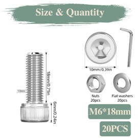 GOHODOMINO M6×18mm Socket Head Cap Screws, Nuts, Flat Washers, 20Pcs, 304 Stainless Steel 18-8, Fully Threaded Bolts, with Hex Spanner
