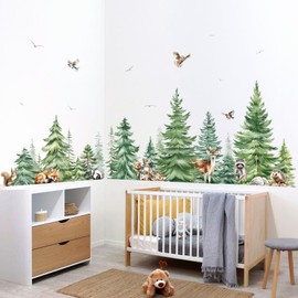 decalmile Large Watercolor Pine Tree Animals Wall Stickers Woodland Forest Tree Fox Deer Bear Wall Decals Baby Nursery Bedroom Living Room Wall Decor （W: 227CM)