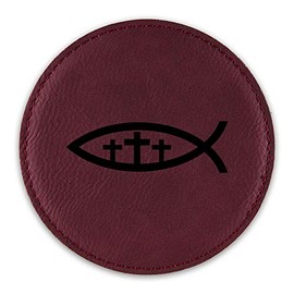 Christian Jesus Fish Three Cross Drink Coaster Leatherette Round Coasters Ichthys Faith Religious - Rose - Set of Six Round Coasters