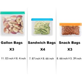 Ehigta 10 Pack Dishwasher reusable bags Silicone,BPA Free, Leakproof Freezer Bags, reusable silicone bags for Lunch Marinate Food Travel - 3 Gallon 4 Sandwich 3 Snack Bags