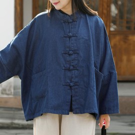 FioraMosaic Women's denim blue top casual retro jacket Chinese frog button coat (US, Alpha, One Size, Regular, Regular, Dark Blue)