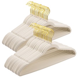 LMTrystFit Pack of 60 Velvet Hangers, Space-Saving Heavy Duty Clothes Hangers for Suit, Non-Slip, 0.2 Inches Slim, 17.7 Inches Wide, 360° Swivel Gold Hook - Ivory