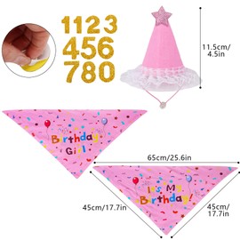 Dog Birthday Bandana, Dog Birthday Hat with Glitter Numbers Dogs Birthdays Girl Decorations Pink Puppy Pet Birthdays Outfit for Small Medium Large Dogs Pet