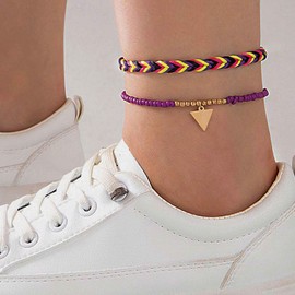 Yheakne Bohemian Colorful Braided Anklet Bracelet Gold Triangle Dangle Ankle Bracelet Waterproof Surf Beach Chain Anklet Purple Rice Bead Foot Chain Jewellery for Women and Girls