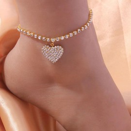 JUSTUSNX Heart Shaped Pendant Adjustable Ankle Rhinestone Ankle Bracelet Beach Summer Foot Jewellery Chain for Women and Girls (A)