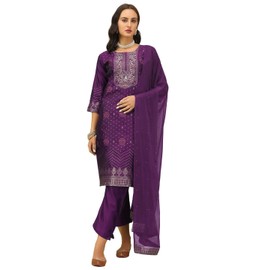 VredeVogel Kurta Set with Dupatta | Cotton Silk Jacquard Woven Kurta Set for Women | Women's Ethnic Casual Kurti Set |Kurta Pant Festive Suit (Purple_X-Large)