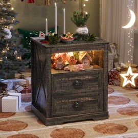 FONTOI Farmhouse Nightstand, End Table with Drawers, End Table with Charging Station, Bedside Table with 3 LED Lights Modes, Wood Nightstand with Smart Human Sensor for Bedroom, Brown