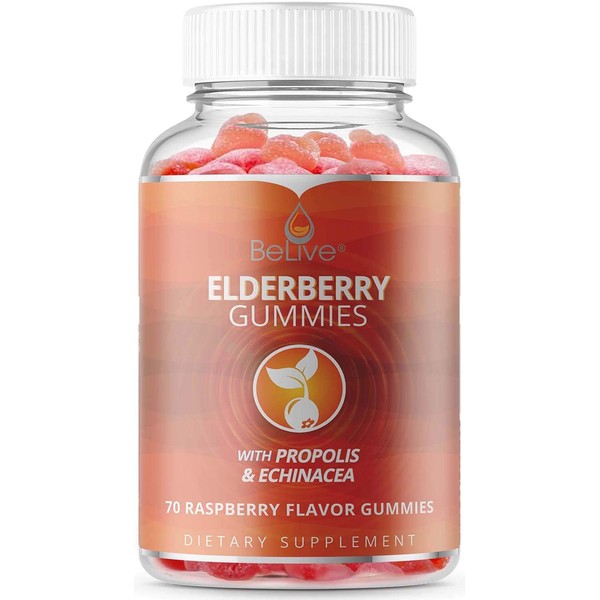 Elderberry Gummies with Vitaminc C, Propolis, Echinacea. Max Strength 200MG - Sambucus Black Elder Immune Support Vitamins Supplement Made for Adults & Kids | Raspberry Flavored. 70 Count