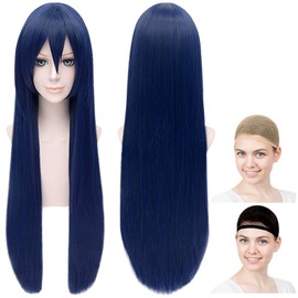 CaseEden WIG6181 Cosplay Wig, Premium, Smooth, Long, 31.5 inches (80 cm), Heat Resistant, Blue Black, Blue-Black