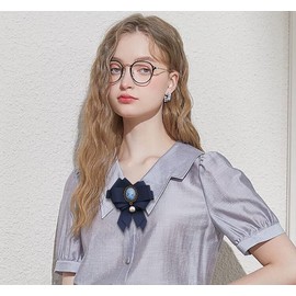 Pre-Tied Big Bow Ribbon Brooch Victorian Lady Cameo Faux Pearl Dangle Pins Clip Tie Collar Jewelry Fashion Accessories for Women Gifts (Blue)
