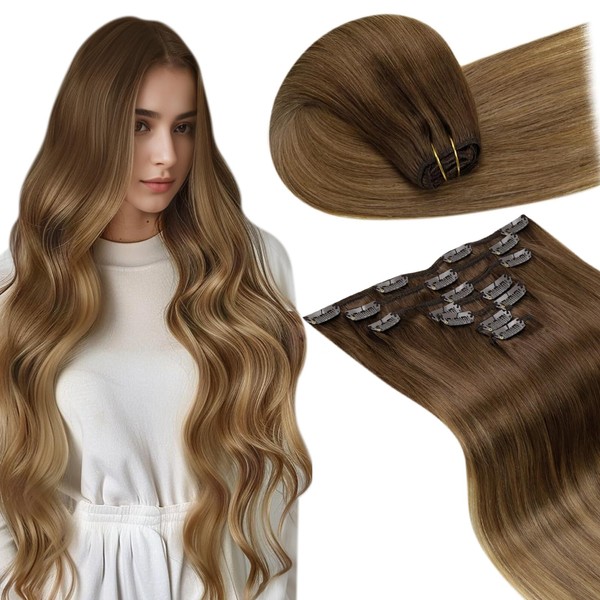 LaaVoo Balayage, Brown, Clip-In, Real Hair Remy Extensions, Straight, Medium Brown and Light Brown, Ombre, Dark Golden Blonde, Clip-In Hair Extensions for Full Head, 45 cm, #6/8/14, 120 g, 7 Pieces