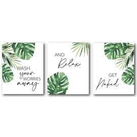 XWELLDAN Bathroom Quotes Wash Your Worries Away Watercolor Tropical Leaves Plant Wall Art Prints, Modern Botanical Wall Art Prints Decor for Home Bathroom, 8 x 10 Inch Set of 3 Prints, Unframed