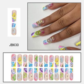 EYZOTSF Press on Nails Long Coffin Shaped Acrylic Square False Nails with Designs Artificial Extra Long Length Coffin Fake Nails with Charms Glue Stick ons Fingernails for Women Girls(JB630)