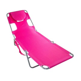 Outdoor Folding Chaise Lounge with Face Hole and Head Pillow, Portable Sunbathing Chair for Camping, Patio, Pool, Adjustable Recliner Beach Chair, Carrying Handles (Pink)