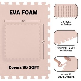 Foam Floor Tiles - 96sqft Soft Nontoxic Baby Play Mat - Interlocking Puzzle Mat for Baby, Kids Playroom, or Home Gym Flooring by Stalwart (Light Pink)