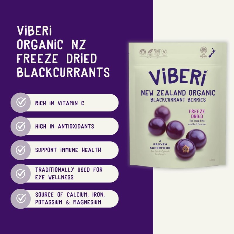 ViBERi Freeze-Dried Organic Blackcurrants 120 g | 100% NZ-Grown Superfruit