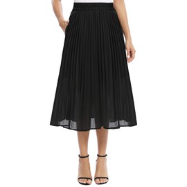 EXCHIC Women's Casual Chiffon Elastic Waist One Line Pleated Midi Skirt with Pocket, black