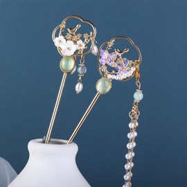 3Pcs Flower Hair Stick with Tassel, Vintage Elegant Hairpin Chinese Style Flower Hair Fork for Women Girl (White and Pink, 15CM)