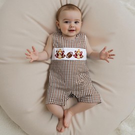KMBANGI Newborn Infant Baby Boy Girl Football Turkey Overalls Romper Sleeveless Smocked Thanksgiving Jumpsuit Shorts 0-18M (Light Brown, 12-18 Months)