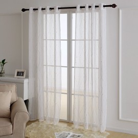 Deconovo Grommet White Sheer Curtains 84 Wave Line with Dots Foil Printed Linen Look Transparent Curtains for Dining Room 52W x 84L Gold 2 Panels