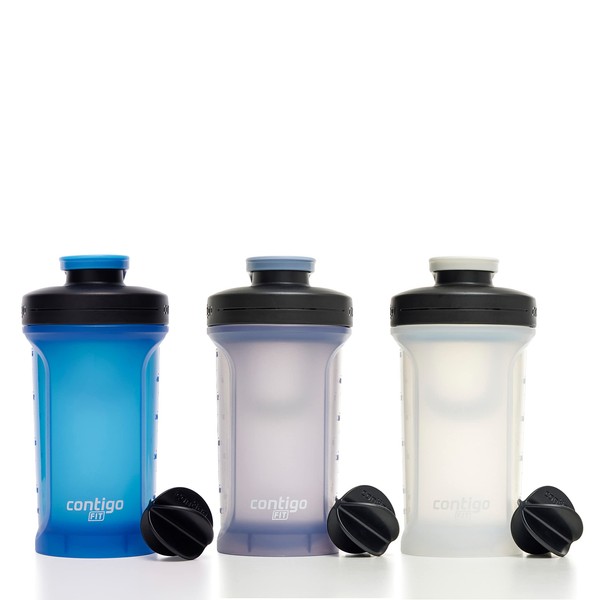 Contigo Fit Shake & Go 2.0 Shaker Bottle with Leak-Proof Lid, 20oz Gym Water Bottle with Whisk and Carabiner Handle, Dishwasher Safe Mixer Bottle, 3-Pack Blue Poppy & Earl Grey & Salt