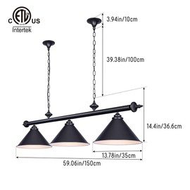 mirrea 59in Billiard Pool Table Light with Pull Chain Switch on Pendant Light Fixture 3 Lights with Matte Black Shade