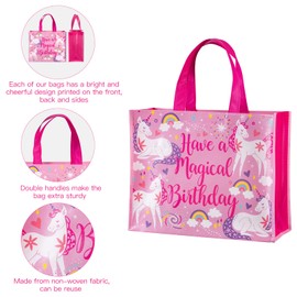 WRAPAHOLIC Large Reusable Magical Unicorn Birthday Gift Bag with Handles - 10 x 5 x 13 inch - Pink Magical Bday Gift Bags for Girls Birthday, Baby Girl Shower and Shopping