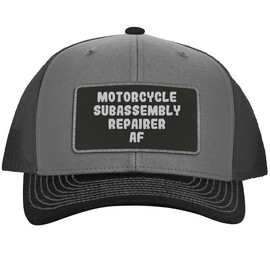 Motorcycle Subassembly Repairer AF - Leather Black Patch Engraved Trucker Hat, Grey-Steel, One Size