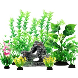 QUOZUO Fish Tank Accessories Artificial Plants, 9pcs Green Aquarium Decorations Plants and Cave Rock Decor Set, Aquarium Decor Plastic Plants