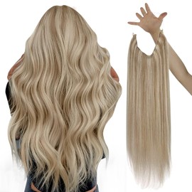 Sunny Hair Wire Hair Extensions Human Hair Invisible Wire Hair Extensions for Women Straight Hidden Hair Extensions with Adjustable Line Ash Blonde Highlights Golden Blonde 20Inch