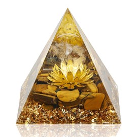Hopeseed Orgone Pyramid Flower of Life Orgonite Money Healing Crystals Pyramid for Positive Energy with tiger's eye Stones and luck white crystal that promotes wealth, prosperity and attracts success