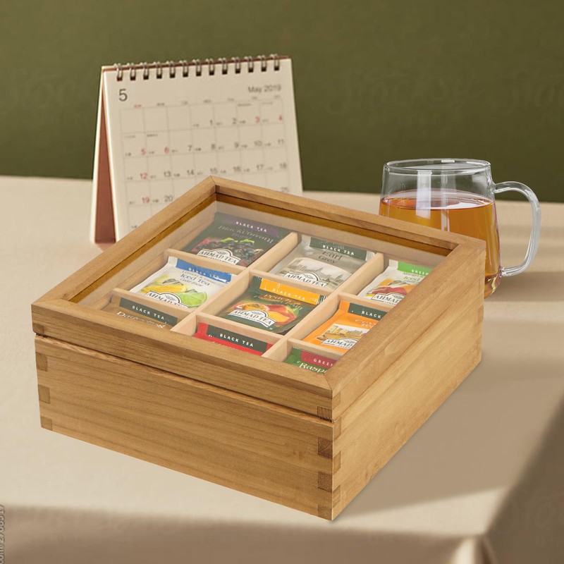 Ll.TOPWP Wood Tea Bag Organizer, 9 Compartment Multi-Functional Tea Box