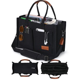 FIORETTO Canvas Tote Bag for Women with Zipper Closure & Individual Compartments for Work College, Crossbody Laptop Tote Purse Handbag with Detachable Strap & Bottom Support for Teacher & Nurse Black