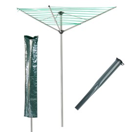 KCT 3 Arm Outdoor Rotary Washing Line - 30m Clothes Drying Area - With Ground Spike and Protective Cover