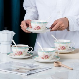 Jusalpha Serve of 4 Vintage Rose China Tea Cup/Coffee Cup Spoon and Saucer Set- 7 Oz, Afternoon Tea Set, Gift for Women TCS29(4)