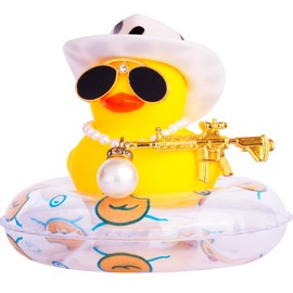 MuMyer Yellow Duck Car Ornament Swim Ring Car Rubber Ducks Dashboard Decoration with Mini Cowboy Hat Swim Tube Necklace Alloy Glasses and Cool Accessories(B4-1 A Pearl&B_w)