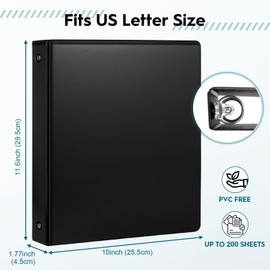 1'' Economy 3-Ring Binders, 1-inch Round Rings, Holds 200 Sheets US Letter Size, ClearVue Presentation View, Non-Stick, Black (3)