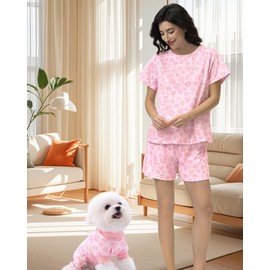 XPUDAC Matching Dog and Owner Clothes Womens Pajama Set Loungewear Short Sleeve Tee and Shorts, Owner and Pet Pajamas Are Sold Separately Leopard