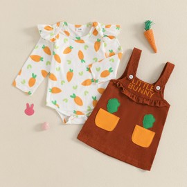 Loalirando Newborn Baby Girl Easter Outfits Carrot/Bunny Print Ruffle Trim Long Sleeve Romper Overall Suspenders Dress 2 Piece Spring Rabbit Skirt Set (Brown, 12-18 Months)