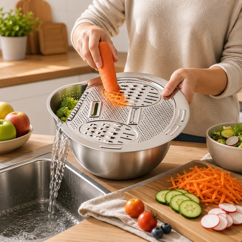 2-in-1 Stainless Steel Rice Washing Bowl with Grater – Side-Drain