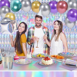 Iridescent Birthday Party Decorations 170pcs Iridescent Birthday Party Supplies Iridescent Happy Birthday Banner Balloons Tablecloth Napkins Cups Plates Foil Backdrop Disco Birthday Decorations