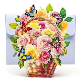 Joyvine 3D flower vases and paper carved 3D flower greeting cards, paper vases with envelopes, ideal gifts for Thanksgiving, birthdays, anniversaries, special occasions, Valentine's Day (Rose Basket)
