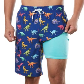 BRISIRA Mens Swim Trunks Bathing Suit 9 Inch Inseam Compression Liner Beach Long Board Shorts Swimsuit Anti-Chafe Quick Dry