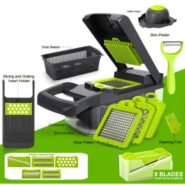 Vegetable Chopper,Multifunctional 16 in 1 Kitchen Tools with Container - Onion,Potato, Carrot, Garlic, Mandoline Slicer Dicer with Draining Basket and 8 Replaceable Stainless Steel Blades