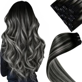 LaaVoo Real Hair Extensions, 30 cm, Clip-In Blayage Black Clip-In Extensions, Real Hair, Ombre Black, Silver Hair Extensions, Real Hair with Clips, Double Wefts, 70 g, 5 Pieces, #1b/s/1b