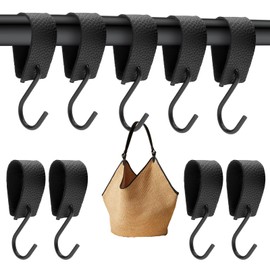 UOCAI Pack of 10 Black S-Hooks Shape, Hooks for Clothes Rails, S Hooks with Leather Loop, Coat Hooks with Leather Loop, Multifunctional Hook, Butcher Hook, Coat Hanger, Coat Hanger